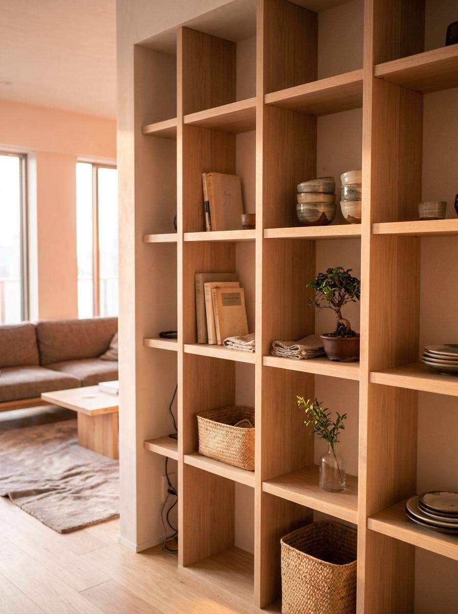 Sophisticated Storage Meets Aesthetic In Japandi Living Room Shelving
