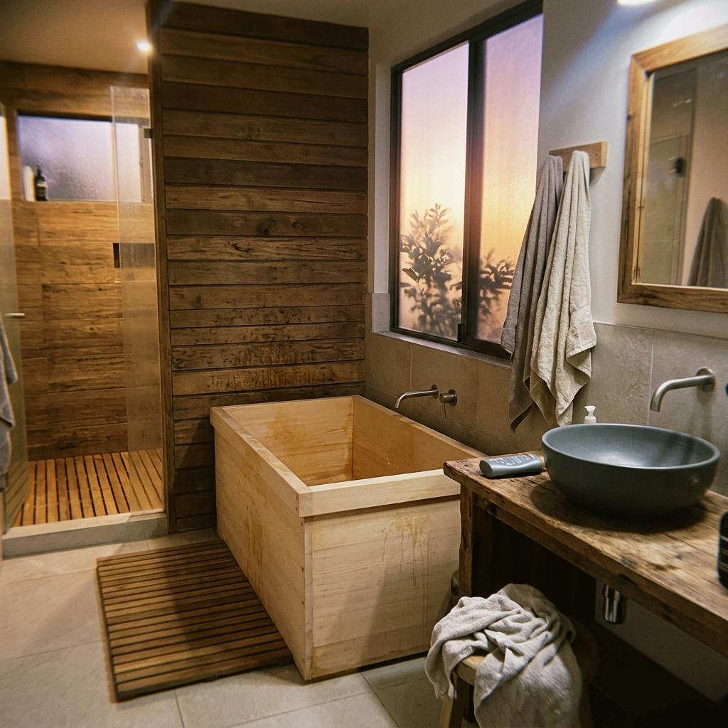 Sophisticated Style Found In Japandi Bathroom Wood Accents