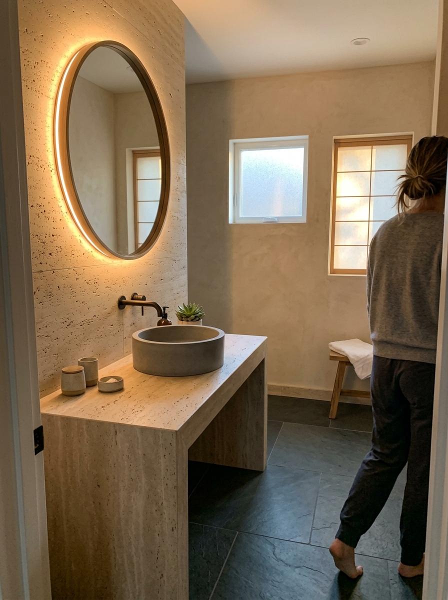 Step Inside A Minimalist Home With Japandi Bathroom Lighting