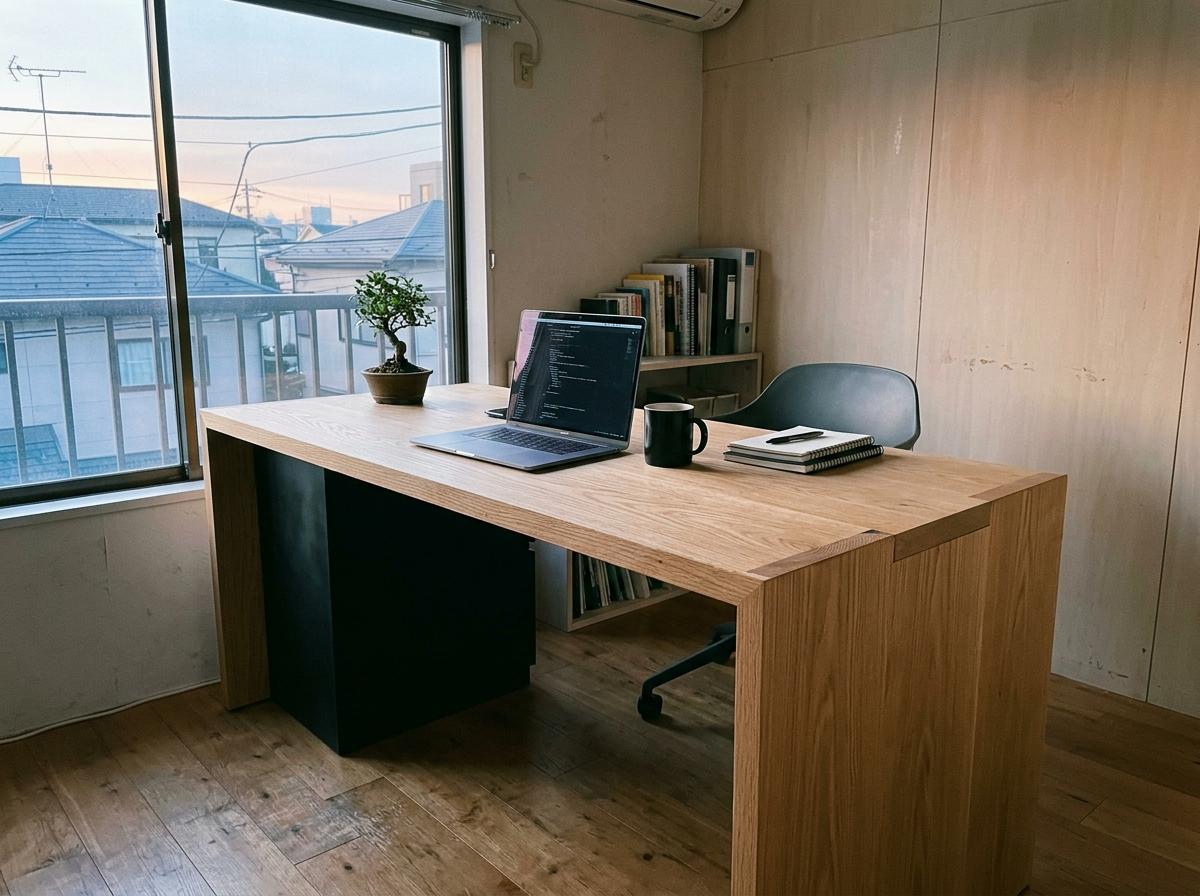 Step Inside A Workspace Anchored By A Japandi Office Desk