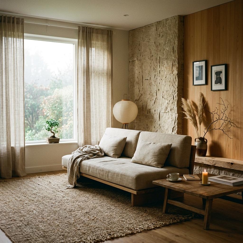 Step Into A Beautifully Textured Warm Japandi Living Room