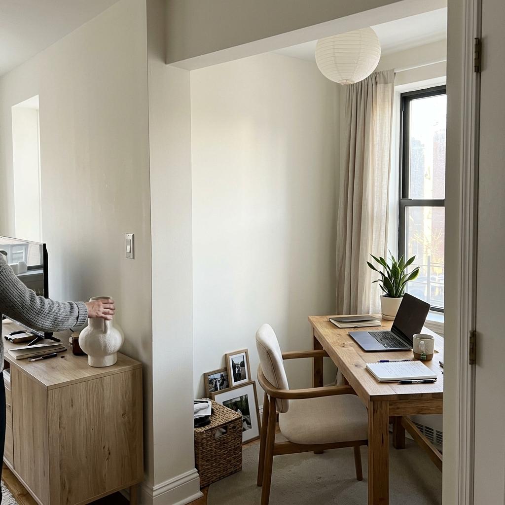 Step Into A Bright Apartment With A Japandi Home Office