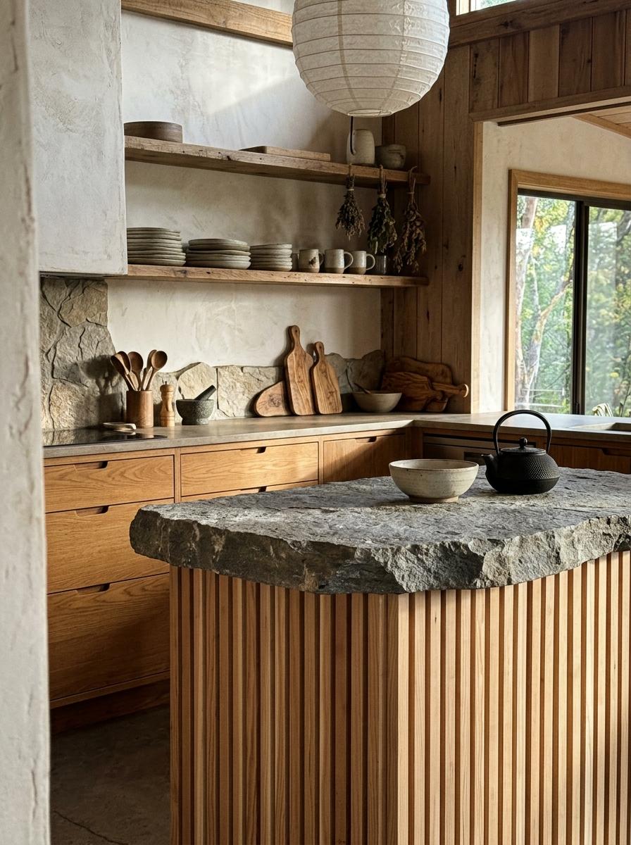 Stone And Timber Highlights In A Rustic Japandi Kitchen