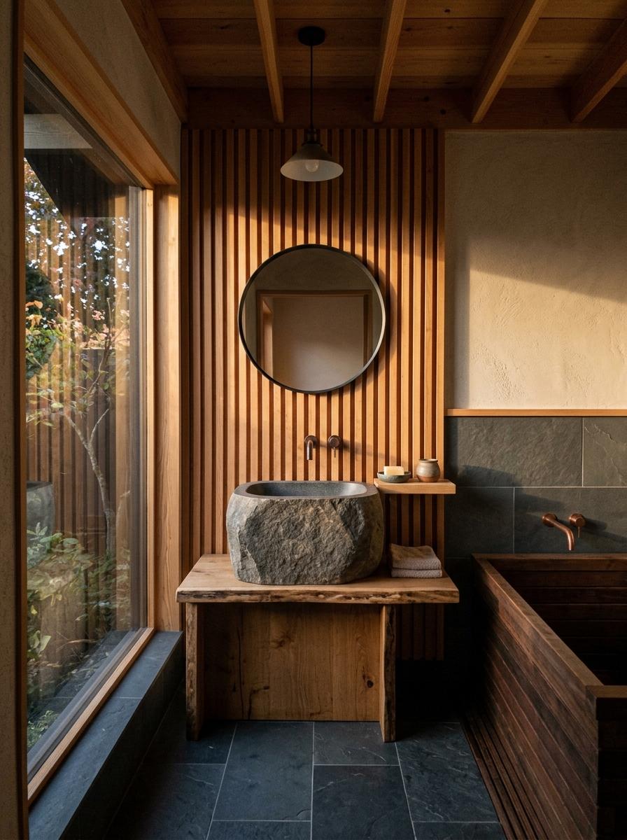 Stone And Wood Harmonize In This Zen Japandi Bathroom