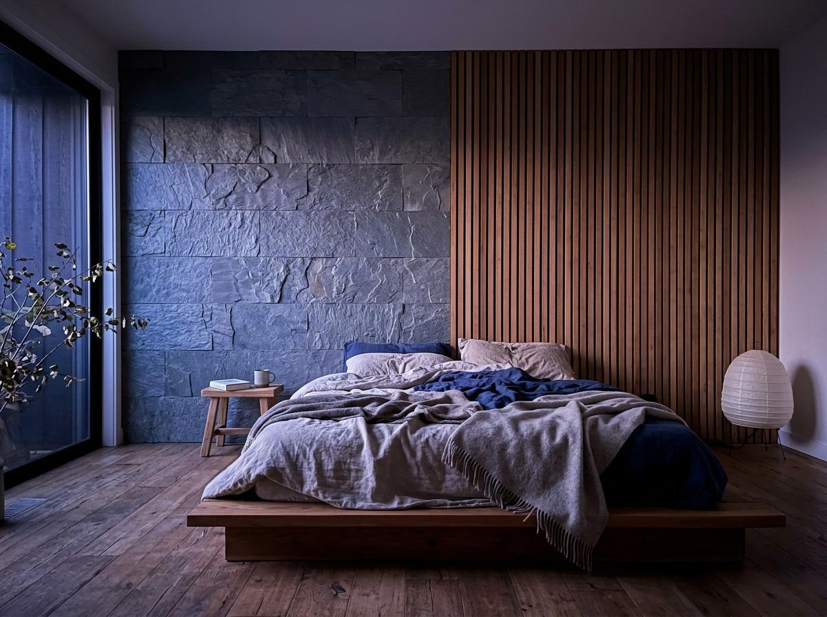 Stone And Wood Harmony In A Rustic Japandi Bedroom