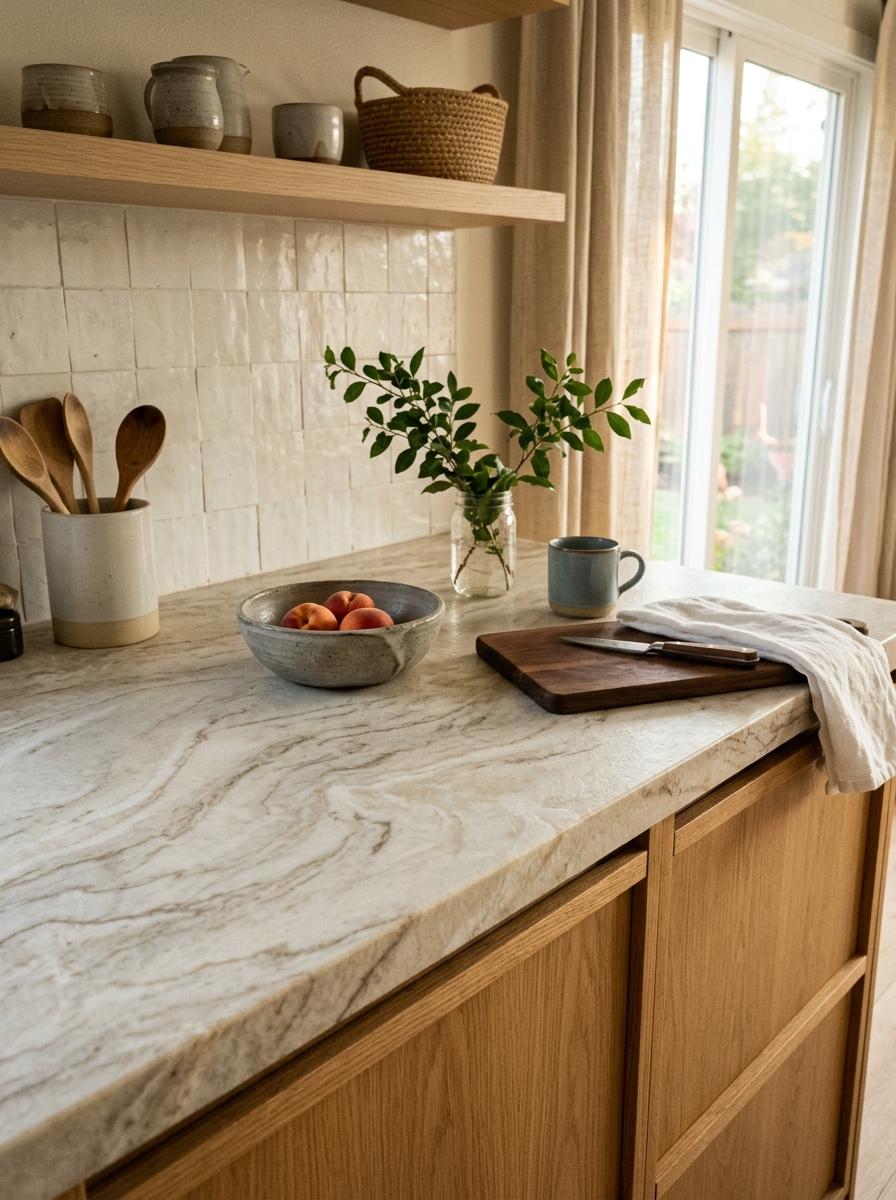 Stone Countertops For A Sophisticated Neutral Japandi Kitchen
