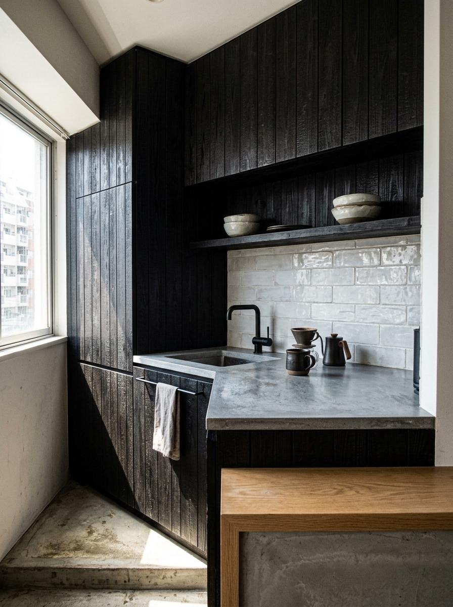 Striking Contrast In A Small Dark Japandi Kitchen Apartment