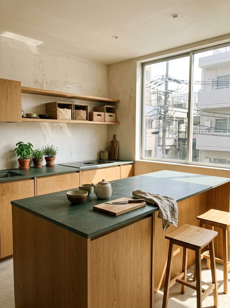 Subdued Tones For A Cozy And Warm Japandi Kitchen