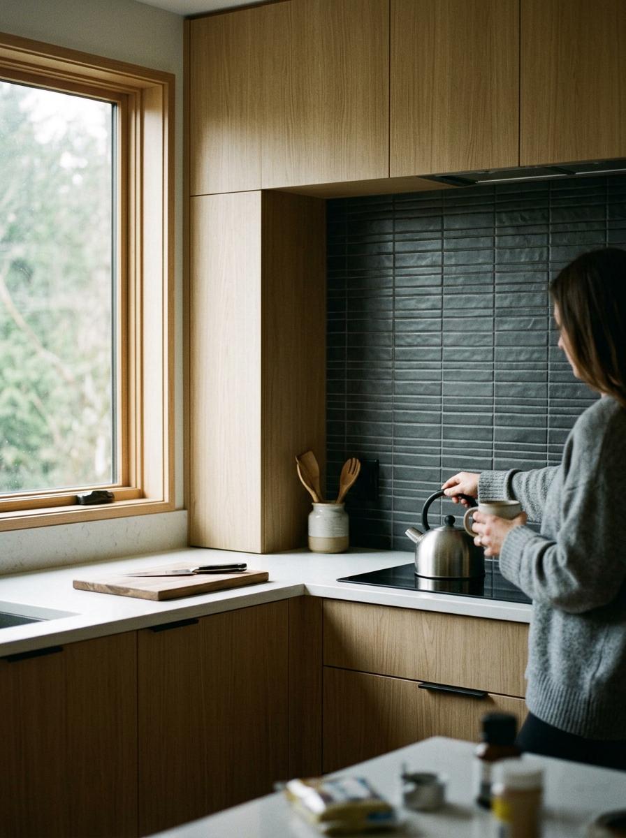 Subtle Modern Contrast In Japandi Kitchen Backsplash Material Choices
