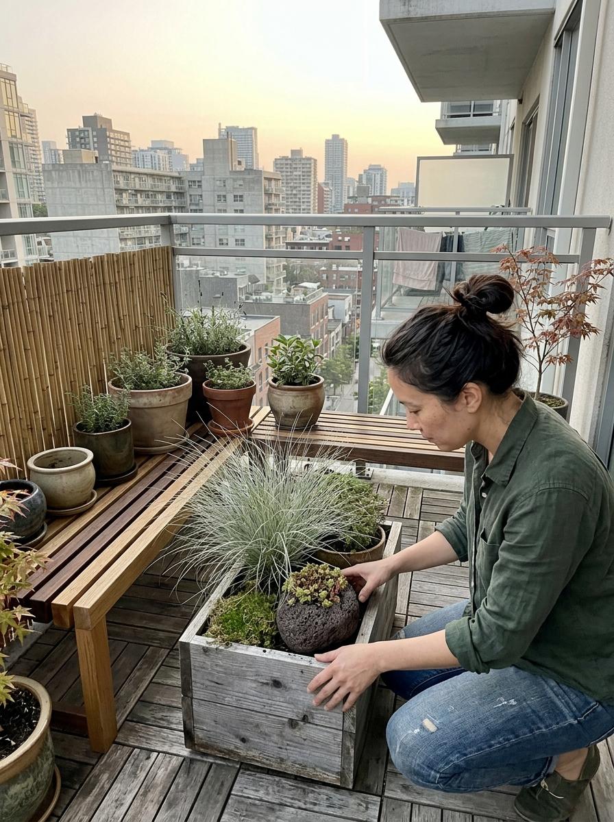 Sustainable Elements Within A Sophisticated Japandi Balcony Garden