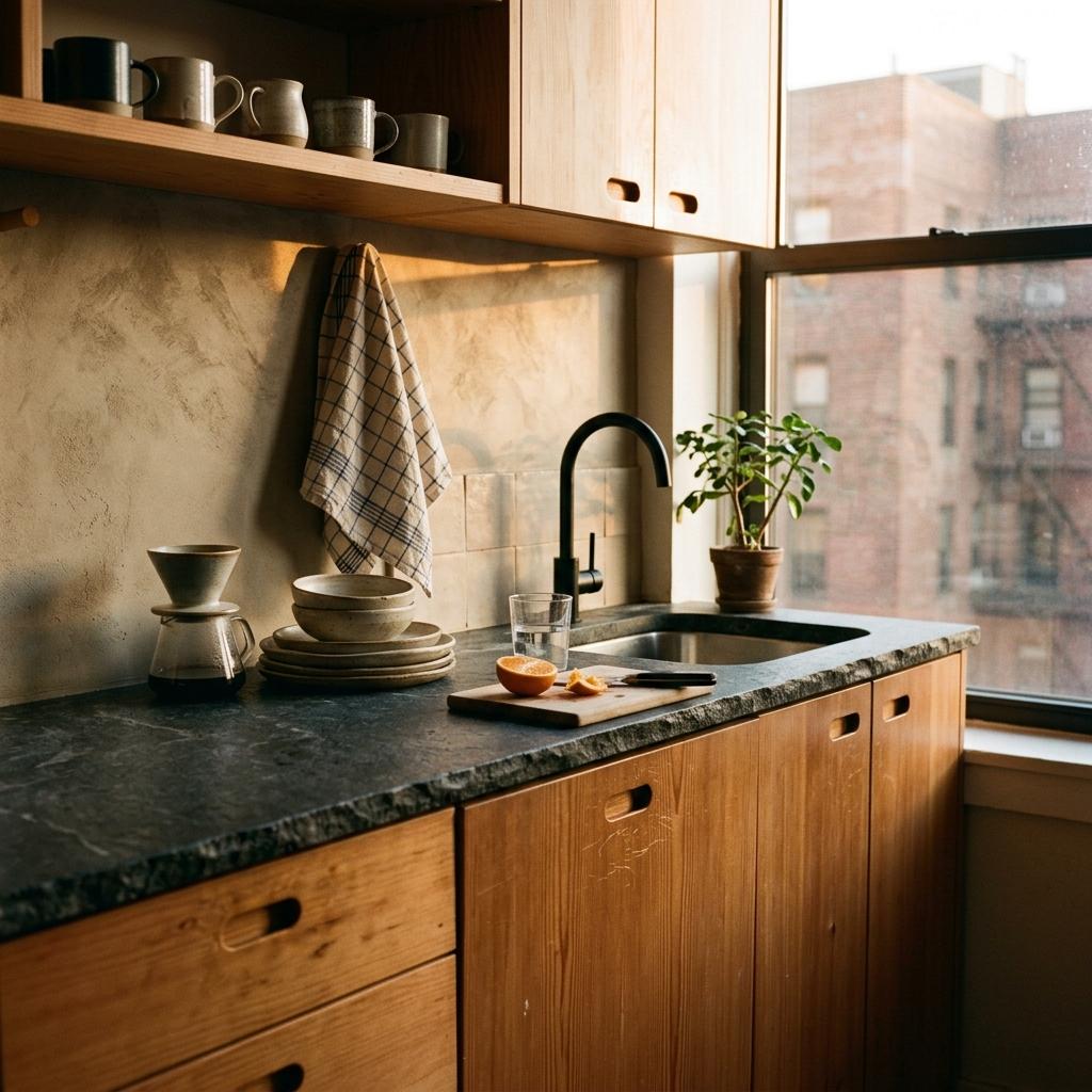 Tactile Materials Found In Small Japandi Kitchen Layout