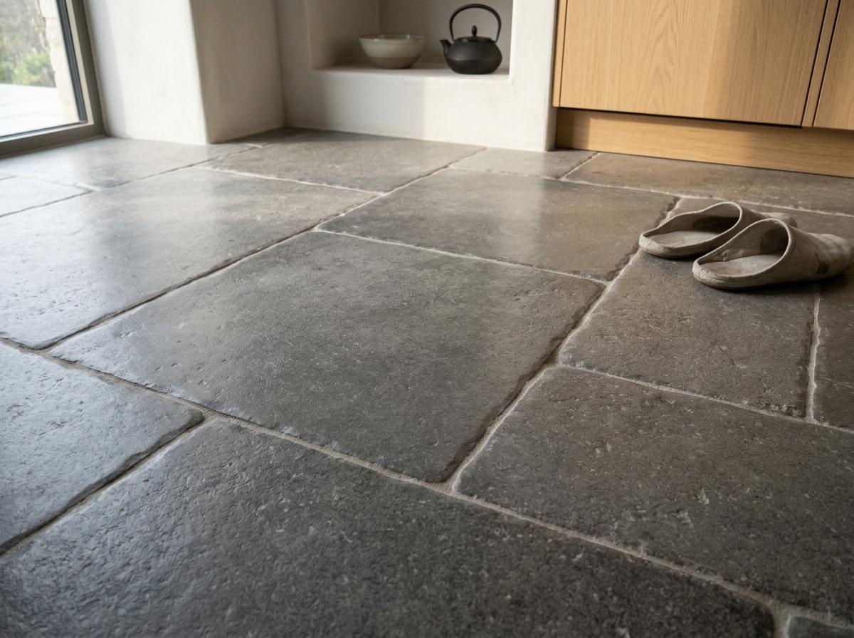 Tactile Sophistication In Japandi Kitchen Floor Tiles