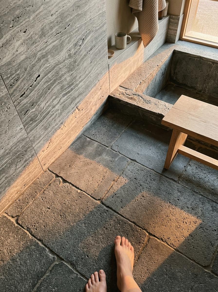 Tactile Stone Surfaces For A Modern Japandi Bathroom