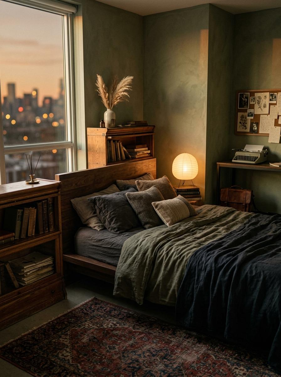 Textural Dark Academy Bedroom In A Japandi Home