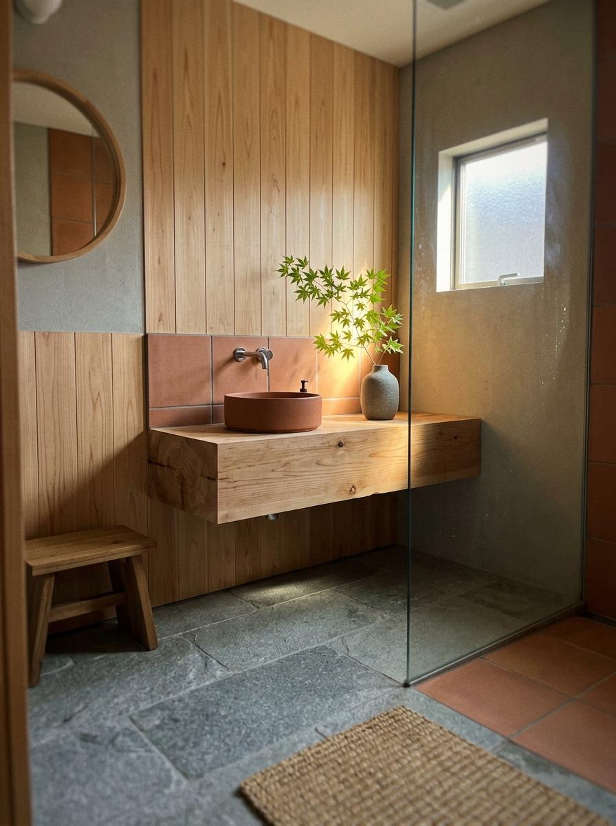 Texture And Warmth Inside A Small Japandi Bathroom