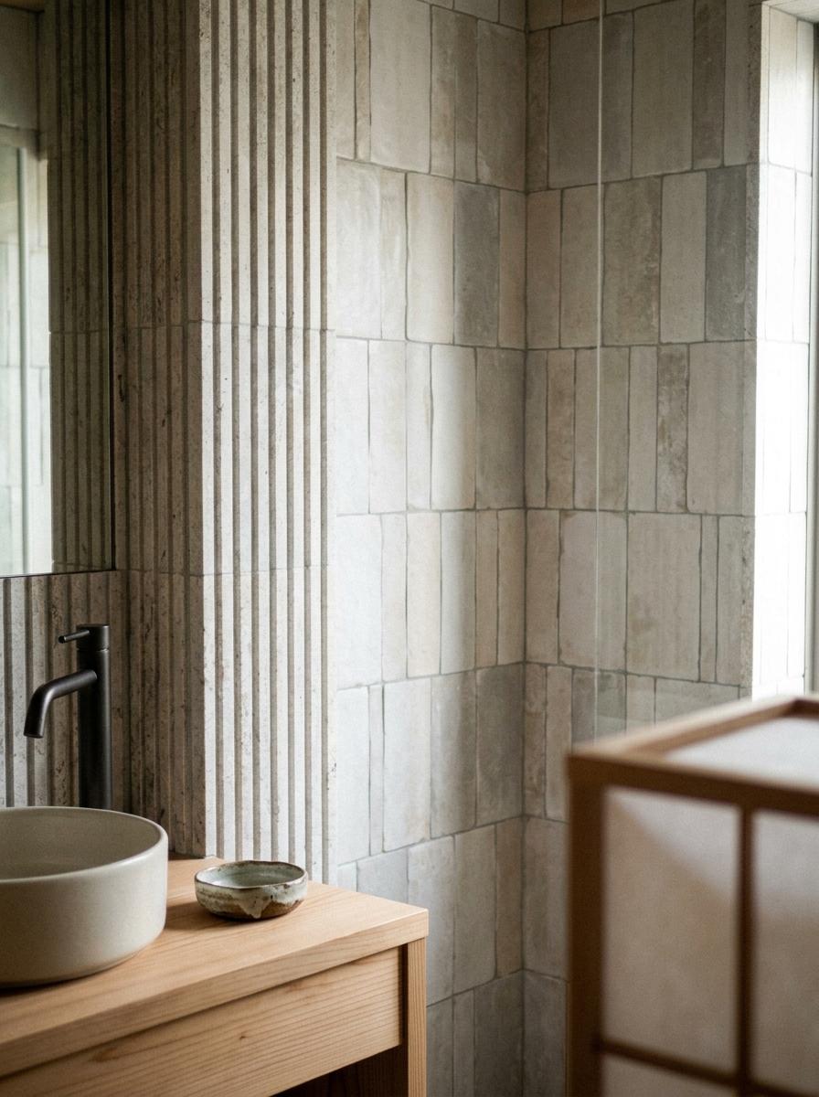 Textured Harmony: A Quiet Space Featuring Japandi Bathroom Tiles