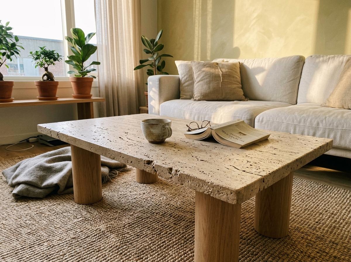 Textured Stone Japandi Coffee Table For Luxury Interior Style