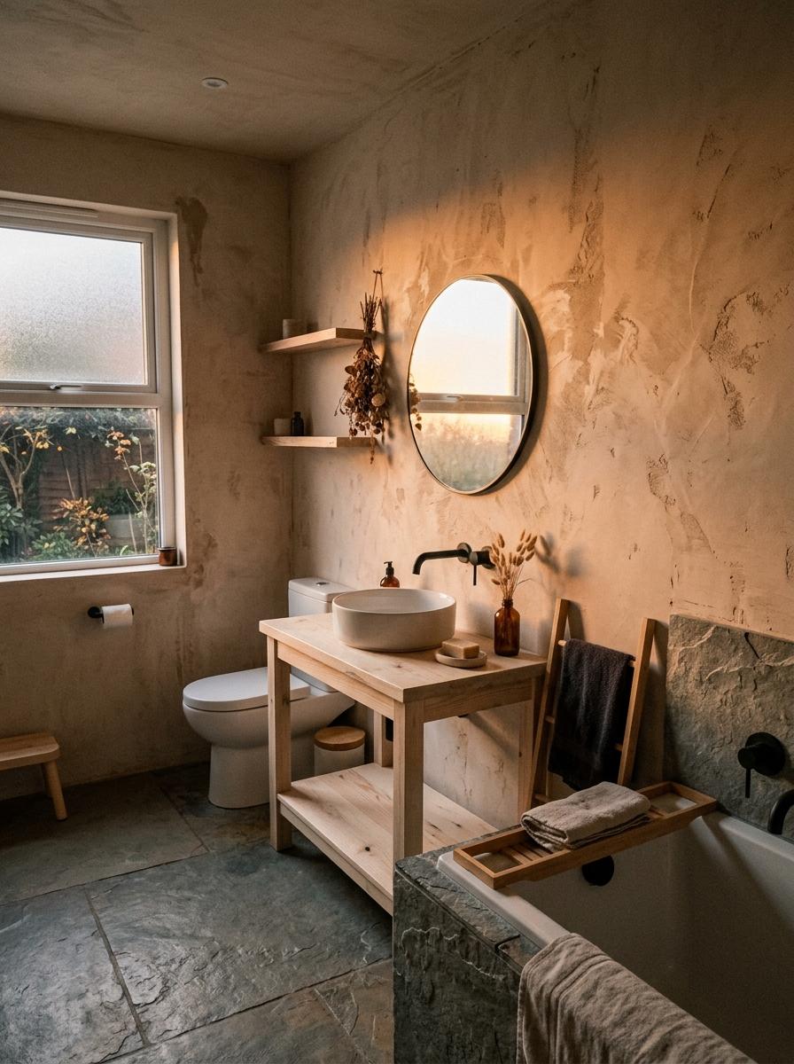 Textured Walls Enhance This Sophisticated Japandi Bathroom