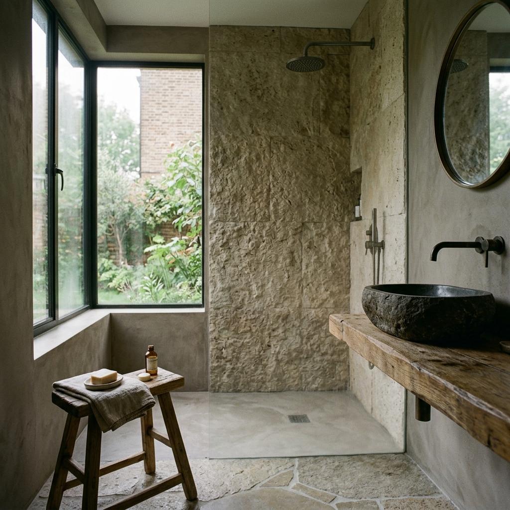 The Beauty Of Stone Textures In A Japandi Bathroom Layout