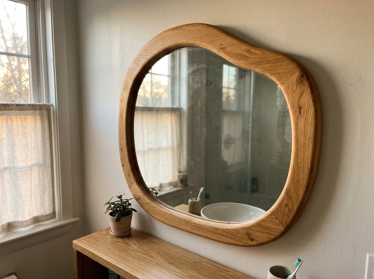 The Organic Curves Of A Solid Wood Japandi Bathroom Mirror