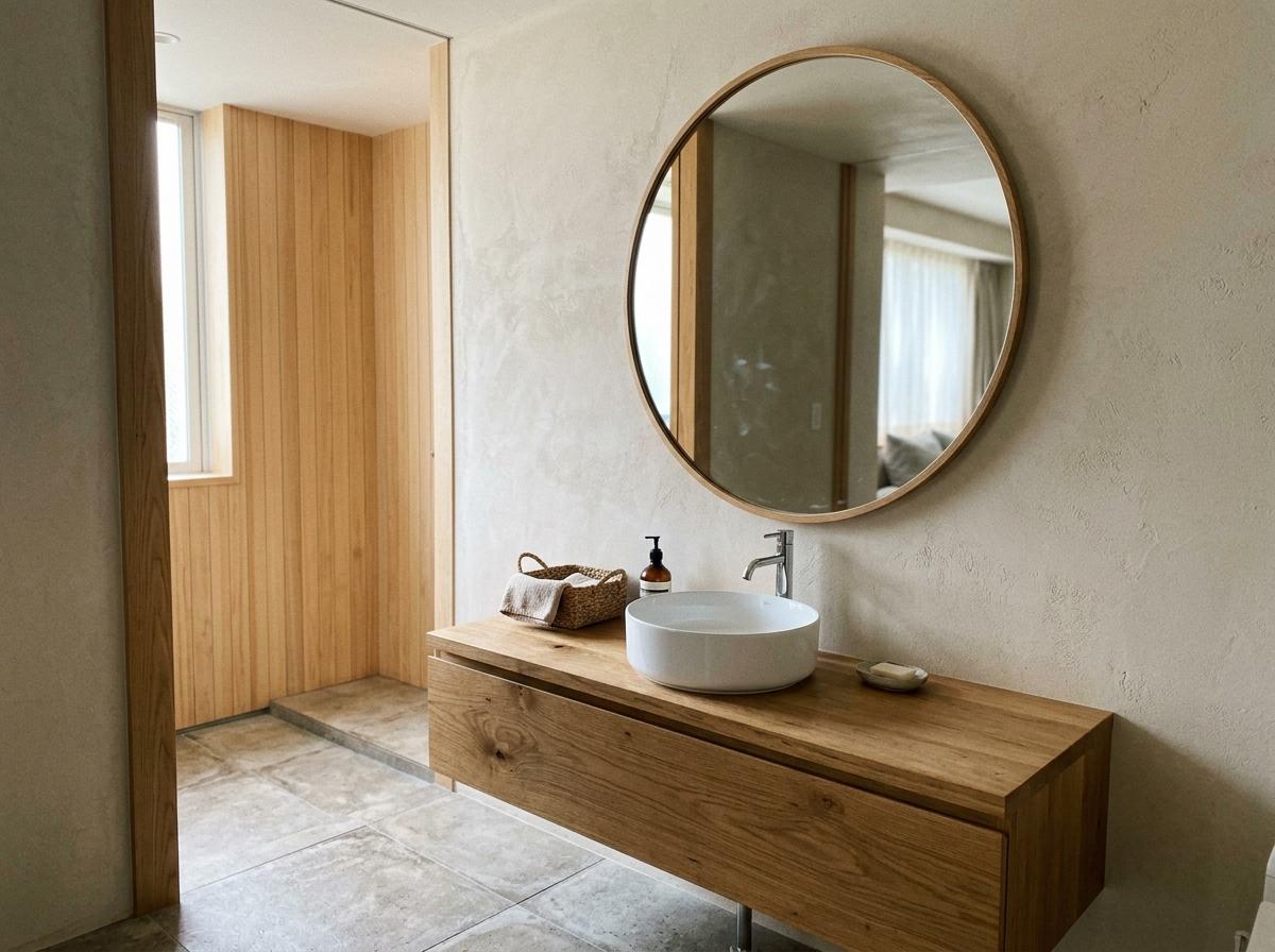 The Visual Impact Of A Large Circular Japandi Bathroom Mirror