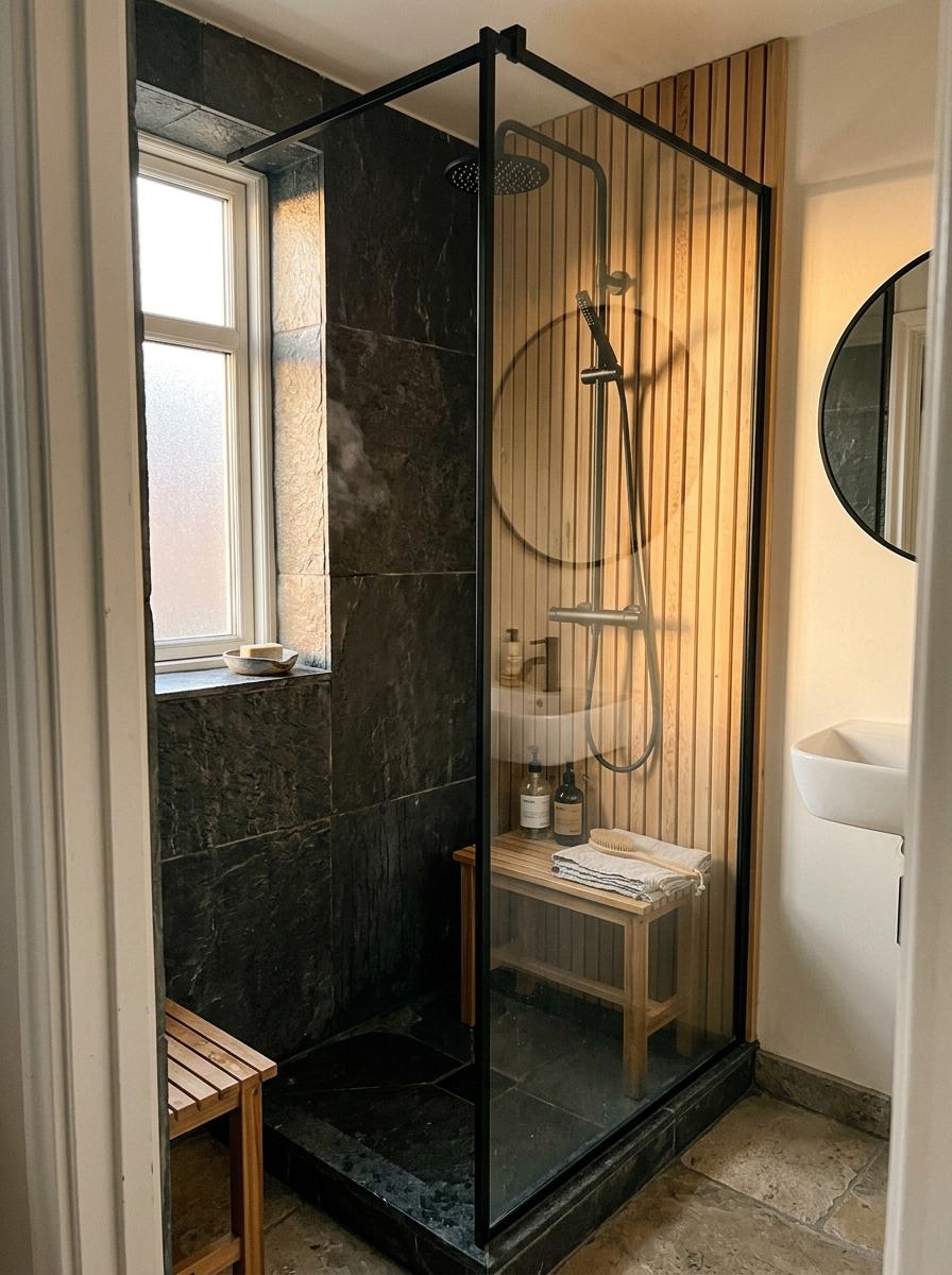 This Compact Apartment Features A Bold Japandi Bathroom Shower