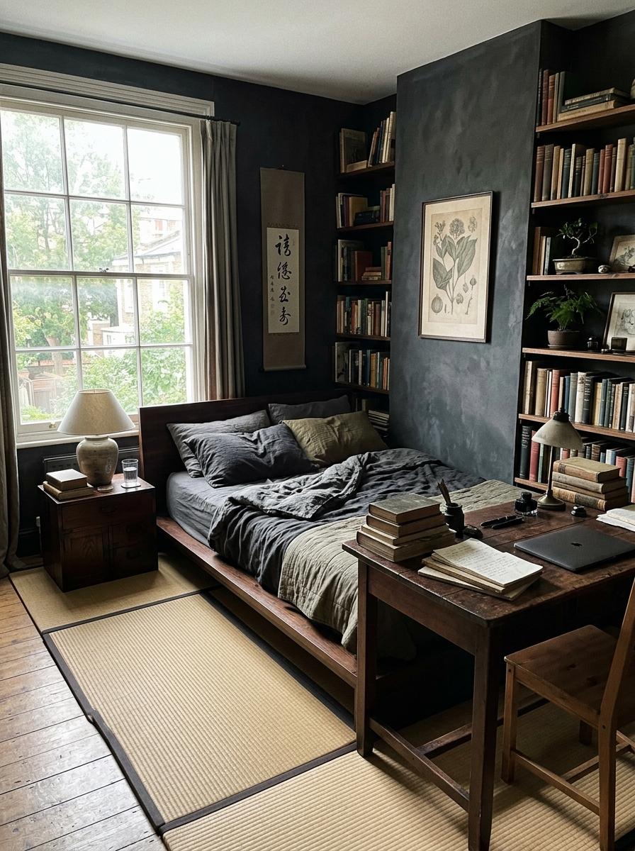 This Dark Academy Bedroom Embraces Japandi Functionality