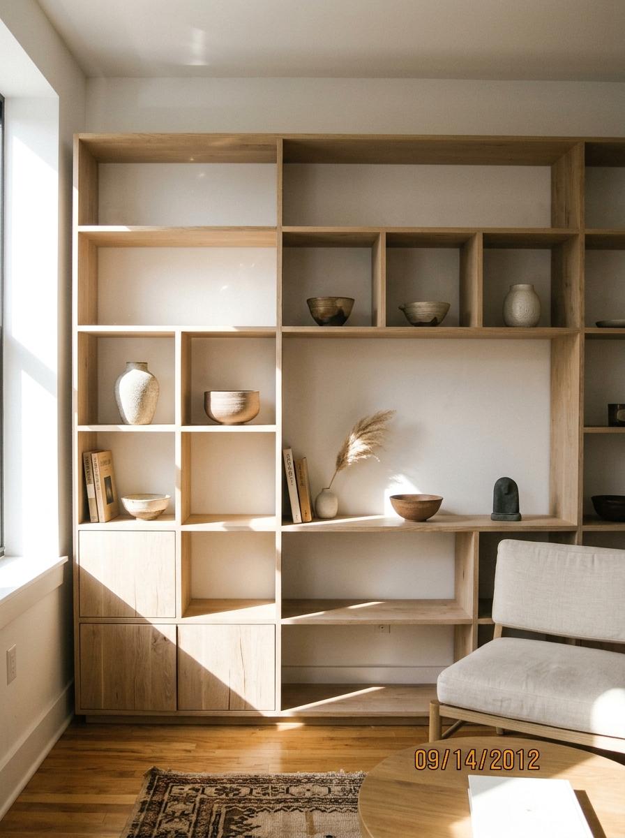 This Elegant Apartment Showcases Stunning Japandi Living Room Shelving