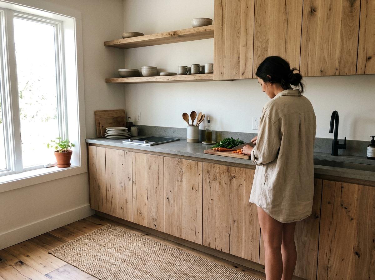 This Inviting Organic Japandi Kitchen Features Raw Wood Accents
