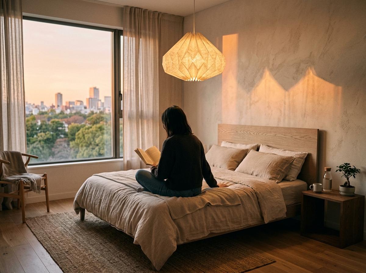 This Modern Apartment Features Quiet Japandi Bedroom Lighting