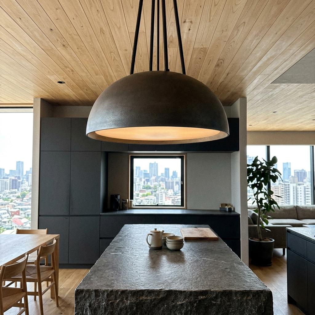 This Modern Apartment Features Statement Japandi Kitchen Lighting