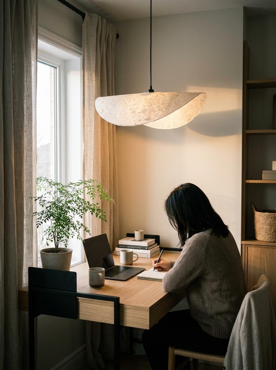 This Neutral Room Showcases Japandi Office Lighting Influence