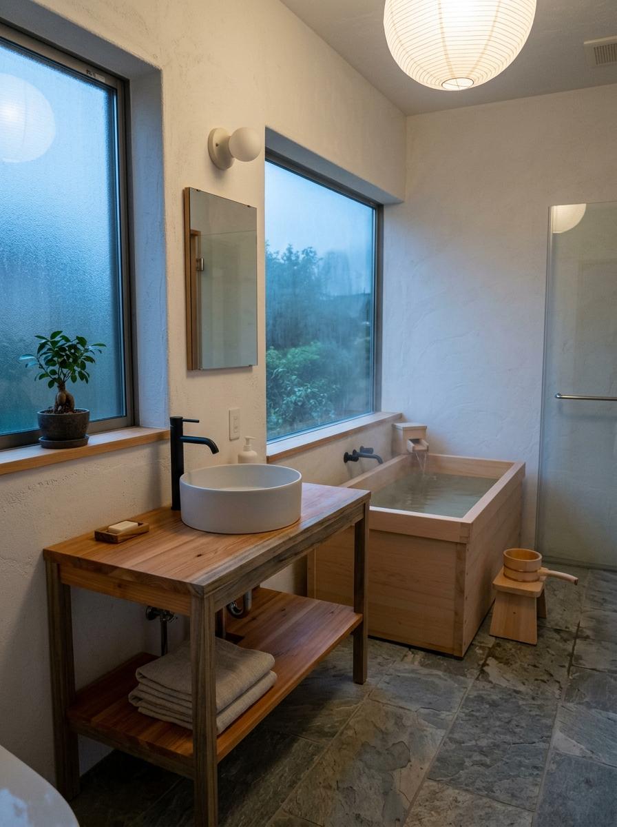 This Quiet Refuge Showcases Japandi Bathroom Wood Accents