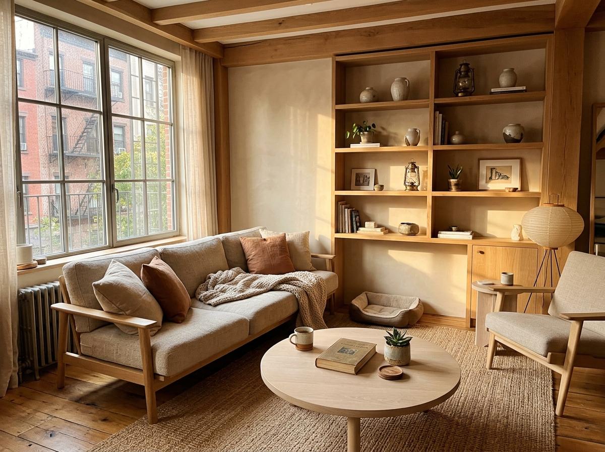 This Sunny Apartment Features A Warm Japandi Living Room