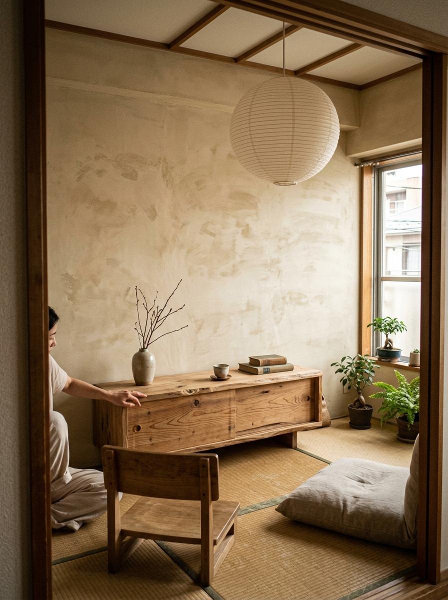 Transformative Materials In A Small Organic Japandi Living Room