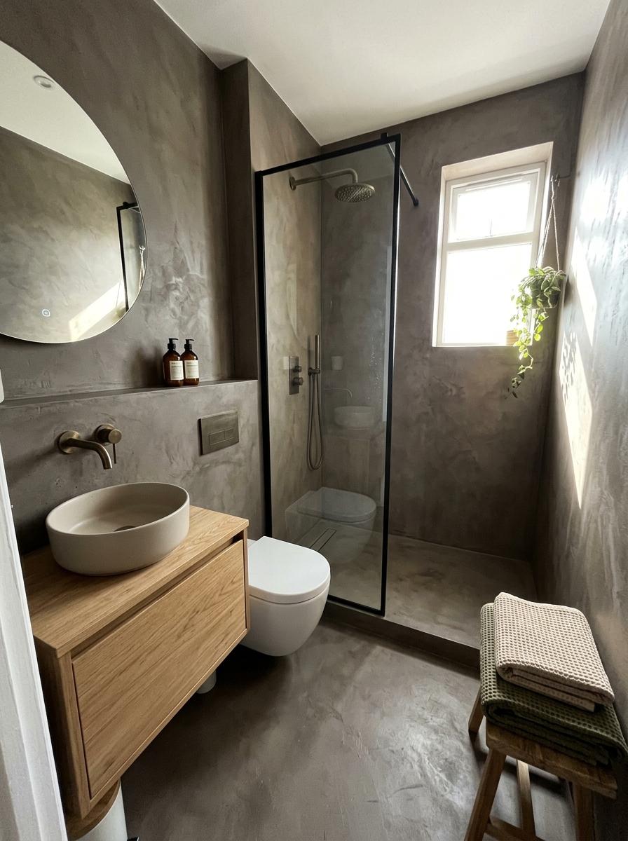 Transforming A Tiny Apartment With An Earth Tone Japandi Bathroom