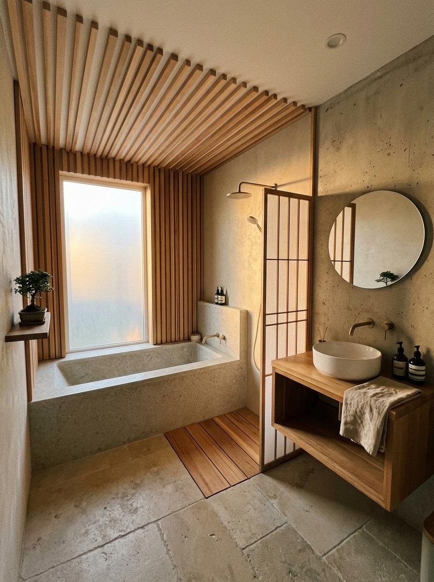 Urban Retreat Featuring A Modern Earth Tone Japandi Bathroom