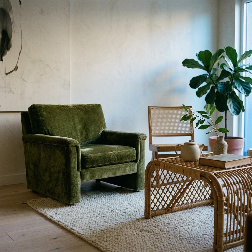 Velvet And Rattan Pairings For Elegant Japandi Living Room Texture