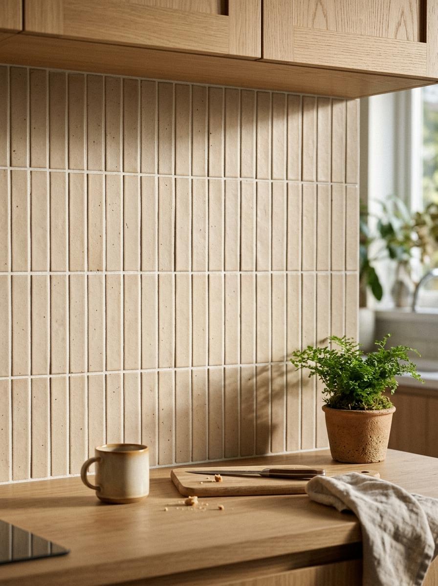 Vertical Stacked Tiles Create A Classic Japandi Kitchen Backsplash Look