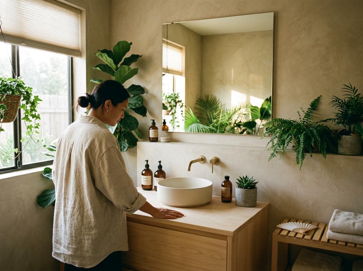 Walk Through A Botanical Inspired Japandi Bathroom Retreat