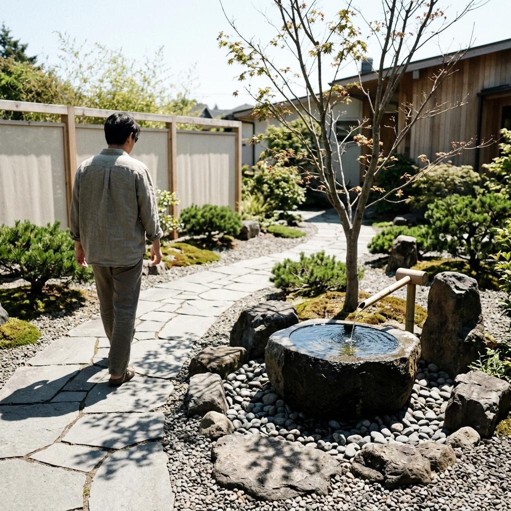 Walk Through A Garden With A Refined Japandi Water Feature
