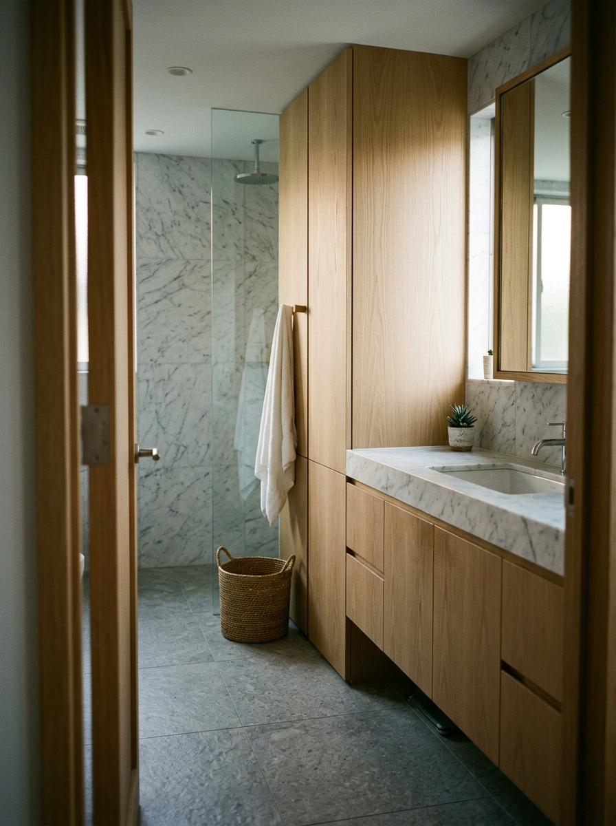 Walk Through A Home Featuring Seamless Japandi Bathroom Storage