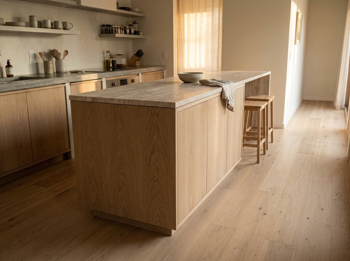 Walk Through A Kitchen Featuring A Slim Japandi Kitchen Island