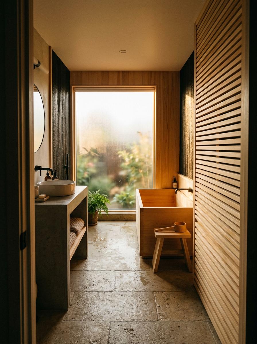 Walk Through A Refreshed Space With Japandi Bathroom Wood Accents