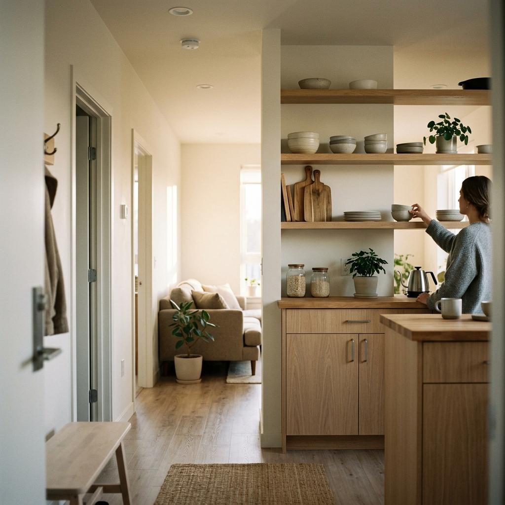 Walk Through An Apartment With Japandi Kitchen Open Shelving