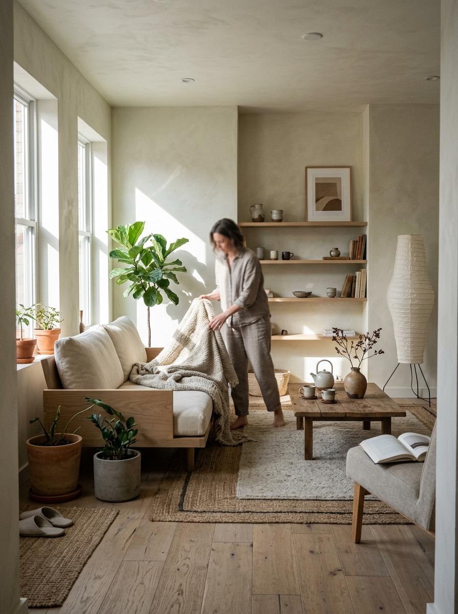 Walk Through This Warm Earthy Japandi Living Room Retreat
