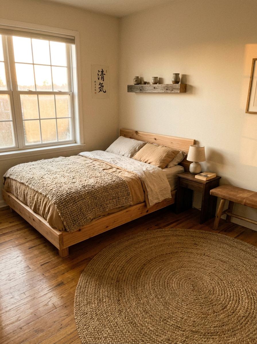 Warm Hues And Natural Fibers In This Rustic Japandi Bedroom