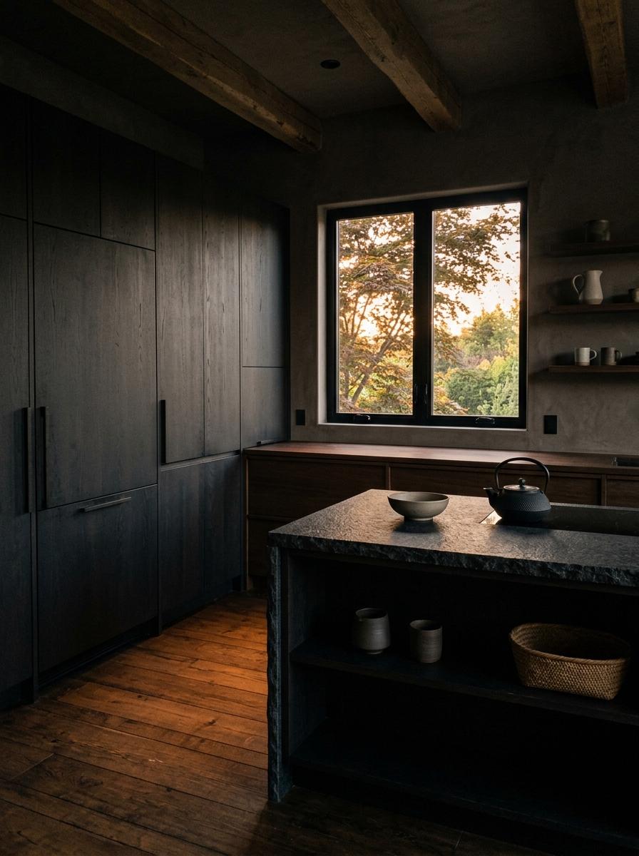 Warm Minimalism In This Unique Dark Japandi Kitchen