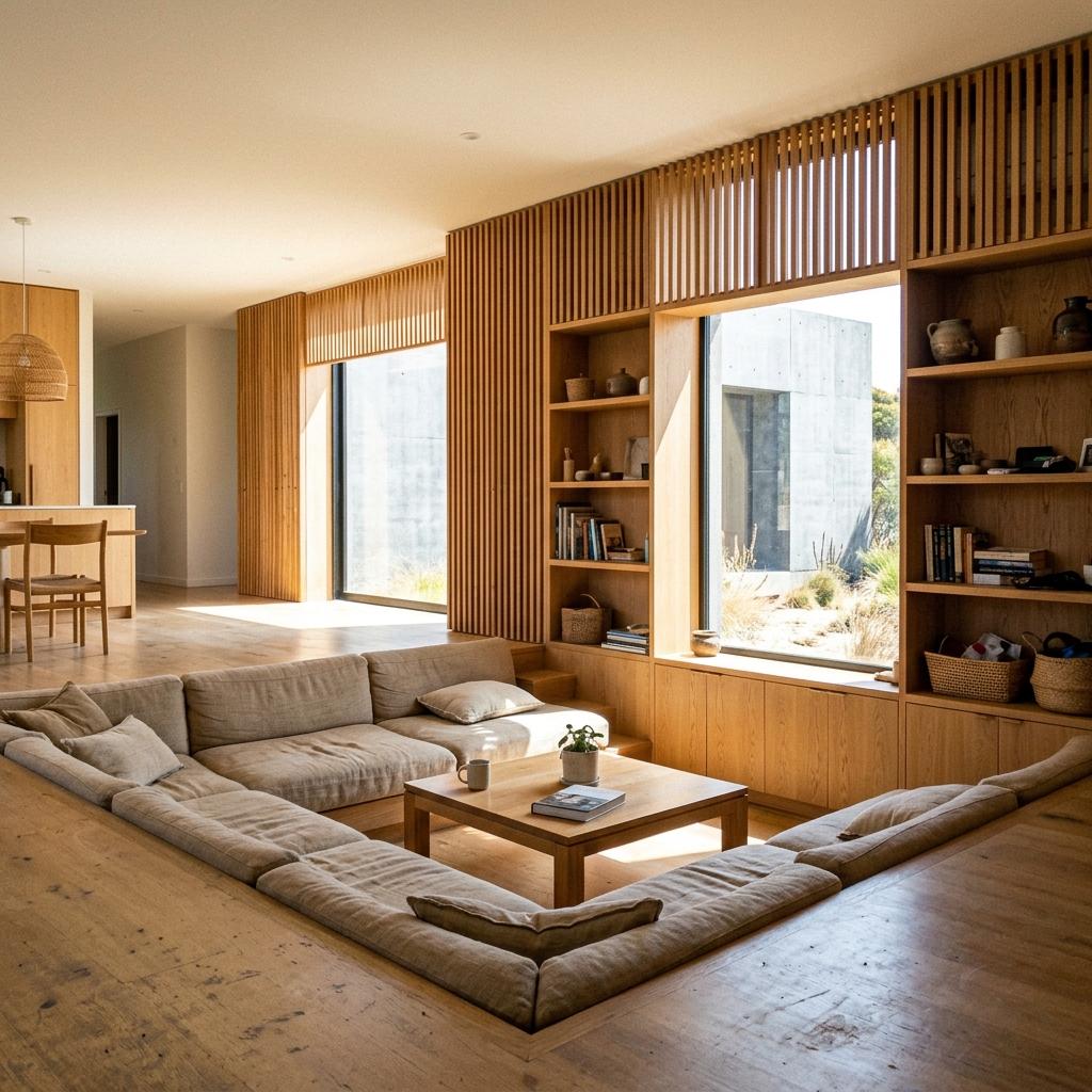 Warm Timber Details Define This Natural Japandi Living Room