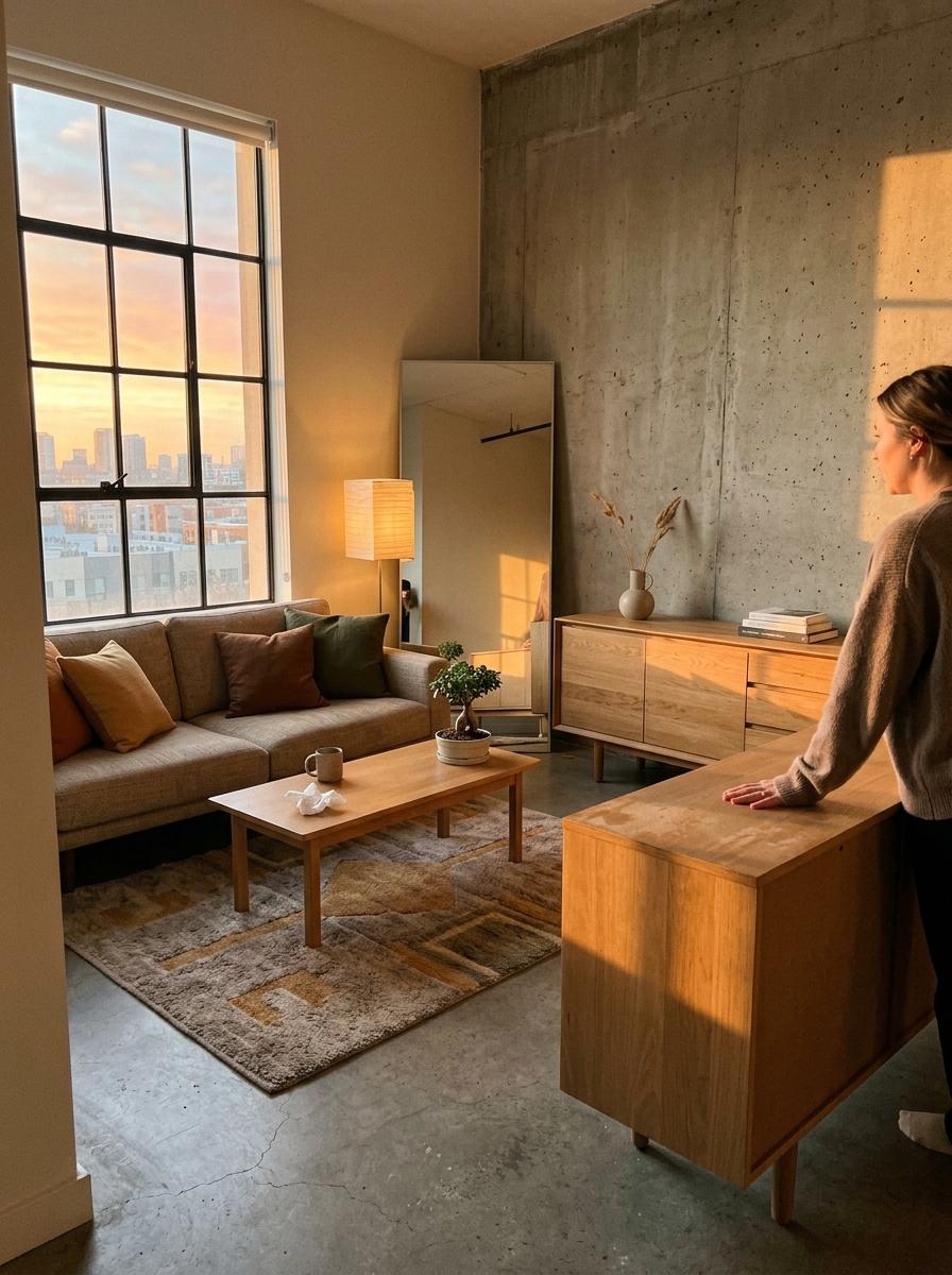 Warm Tones Enhance This Sleek Japandi Living Room